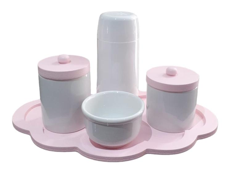 Imagem de Kit Higiene bebê porcelana branco e rosa menina maternidade potes garrafinha térmica bandeja nuvem