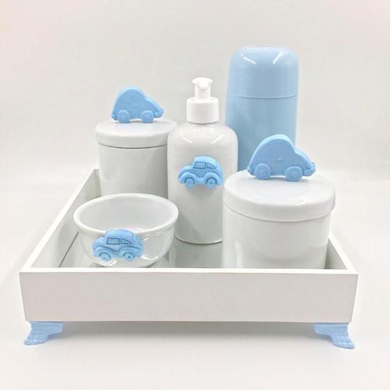 Imagem de Kit Higiene Bebê Porcelana Carrinho Bandeja Mdf Garrafa Azul 6pçs