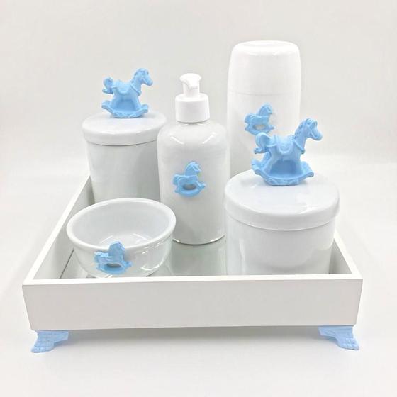 Imagem de Kit Higiene Bebê Porcelana Cavalinho Azul Bandeja Mdf Garrafa 6pçs