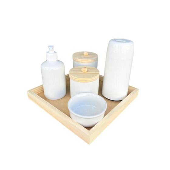 Imagem de Kit higiene bebe porcelana completo menino menina maternidade neutro decoração quarto infantil clean bandeja pinus fundo mdf