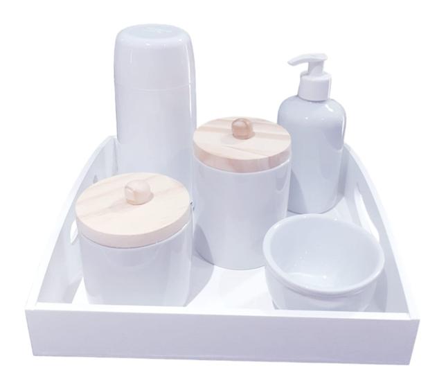 Imagem de Kit Higiene bebê porcelana completo potes garrafa térmica 250 ml bandeja com alça branca