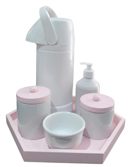 Imagem de Kit Higiene Bebê porcelana garrafa térmica pressão bandeja tampa rosa completo menina maternidade