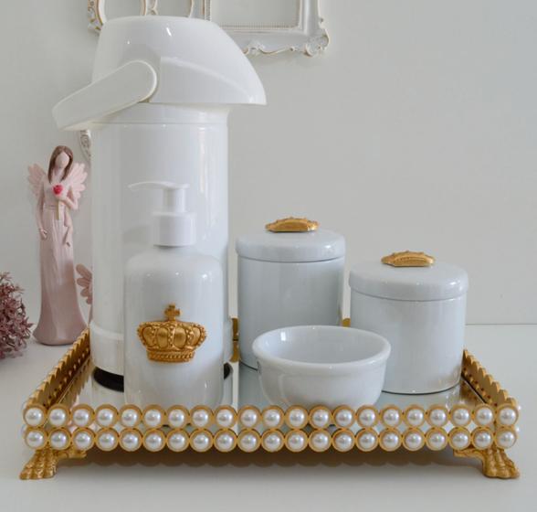 Imagem de Kit Higiene Bebê Porcelana K023 Térmica Bandeja Pérola Dourada Banho Quarto Bancada