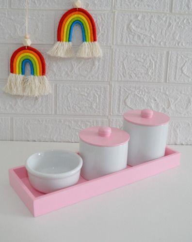 Imagem de Kit Higiene Bebê Porcelana Menina Bandeja Rosa Retangular