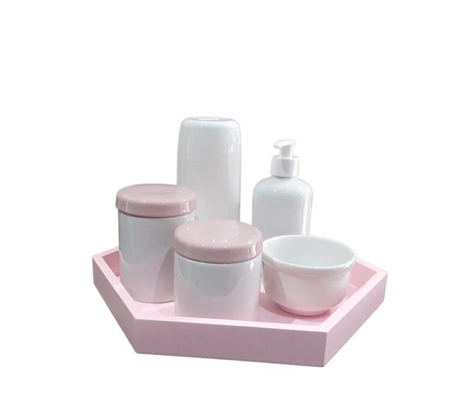 Imagem de Kit Higiene Bebê porcelana menina maternidade garrafinha potes saboneteira bandeja rosa