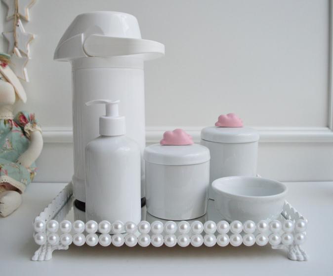 Imagem de Kit Higiene Bebê Porcelana Pote Banho  Térmica K023 Nuvem