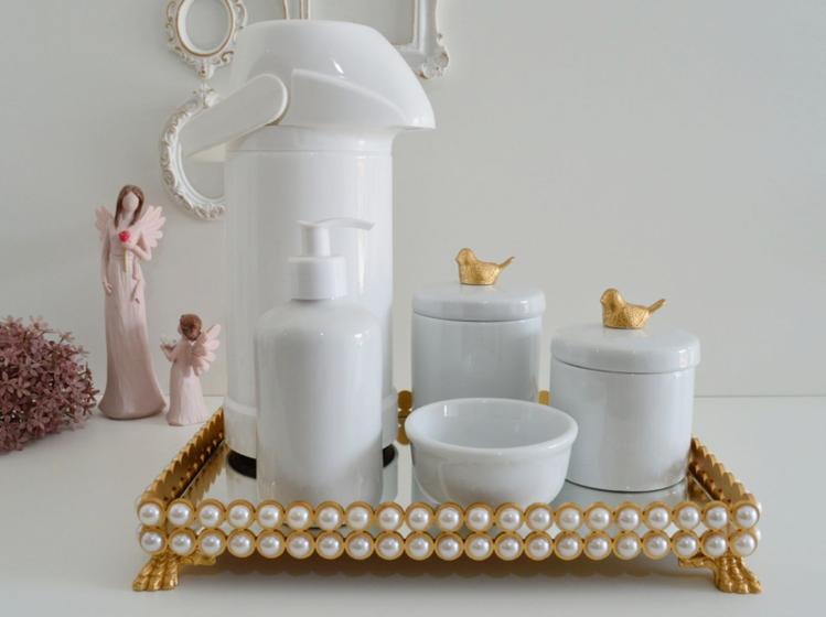 Imagem de Kit Higiene Bebê Porcelana Pote Banho Térmica K023 Pássaro