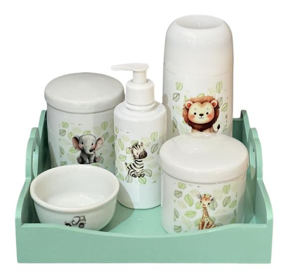 Kit Higiene Bebê Porcelana Safari Bandeja Coração Verde Pinus Adesivo Dtf Uv - TG Decor