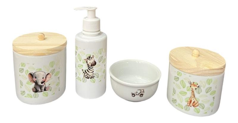 Kit Higiene Bebê Porcelana Safari Bandeja Coração Verde Pinus Adesivo Dtf Uv - TG Decor