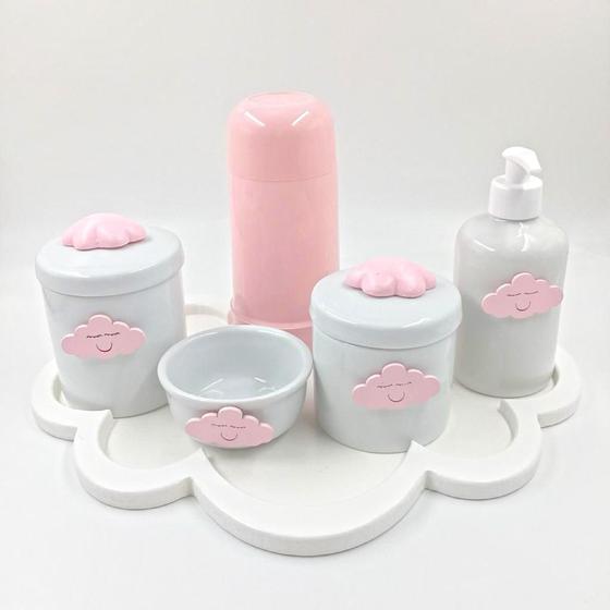 Imagem de Kit Higiene Bebê Porcelana Tema Nuvem Bandeja Mdf Garrafa Rosa 6pçs