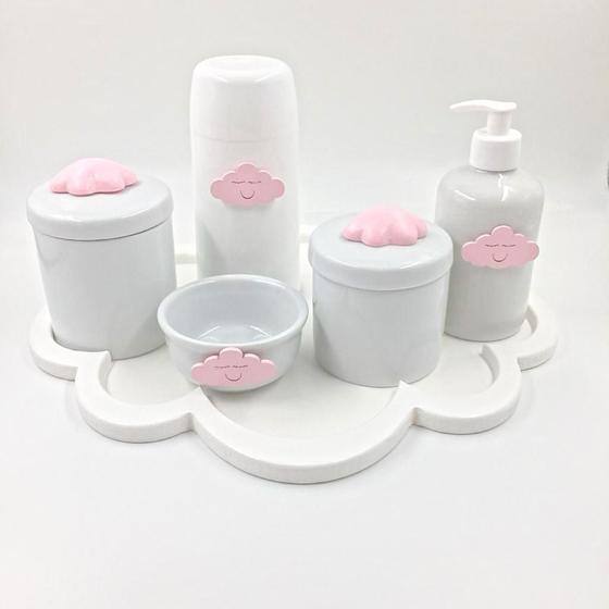 Imagem de Kit Higiene Bebê Porcelana Tema Nuvem Rosa Bandeja Mdf Garrafa 6pçs