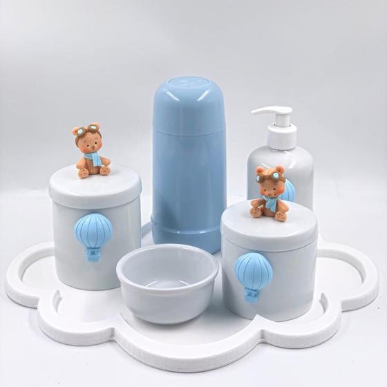 Imagem de Kit Higiene Bebê Porcelana Ursinho Baloeiro Bandeja Nuvem Garrafa Azul 6pçs