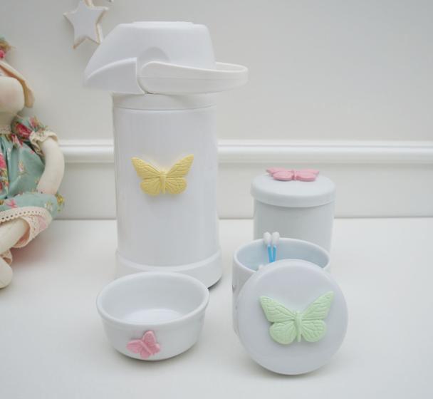 Imagem de kit Higiene Bebê Potes K022 Borboleta Cotonete Algodão Limpeza Porcelana