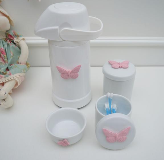 Imagem de kit Higiene Bebê Potes K022 Rosa Cotonete Algodão Limpeza Porcelana Multi Uso Térmica 500ml
