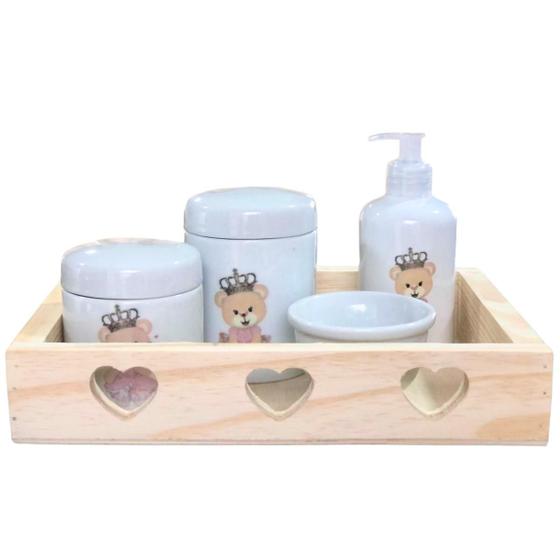 Imagem de Kit higiene bebê Princesa Ursinha Realeza 5 peças - Bandeja, potes, porta álcool e molhadeira - Peças Porcelana Bandeja