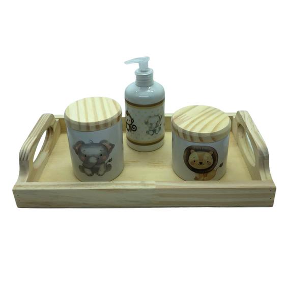 Imagem de Kit higiene bebê Safari 4 peças - Bandeja, potes, porta álcool - Peças Porcelana Bandeja e Tampas Pinus