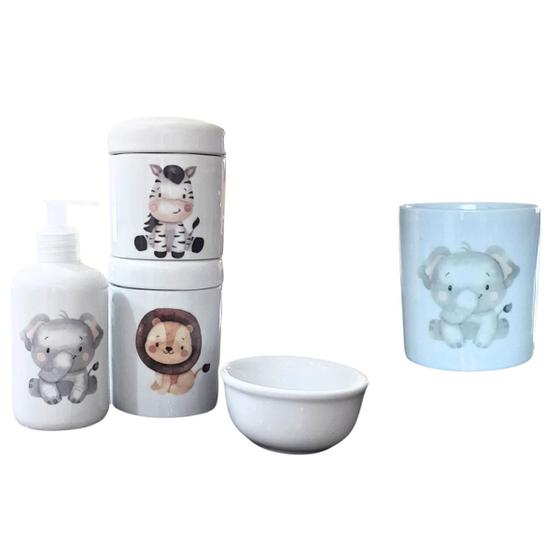 Imagem de Kit higiene bebê Safari 5 peças - potes, porta álcool e molhadeira - Peças Porcelana