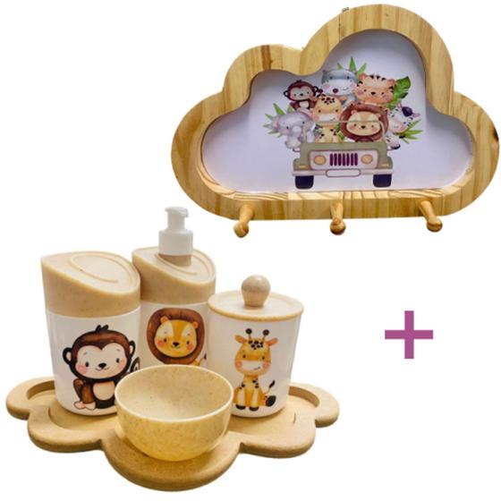 Imagem de Kit Higiene Bebê Safari Leão, macaco e girafa + Cabideiro Infantil Nuvem