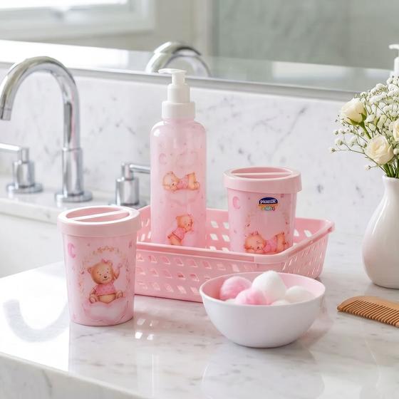 Kit Higiene Bebê Ursa Rosa 5 Peças Cuidado Recém Nascido Essencial Menina - Plasútil