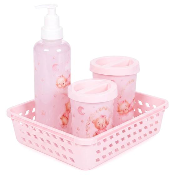 Kit Higiene Bebê Ursa Rosa 5 Peças Cuidado Recém Nascido Essencial Menina - Plasútil