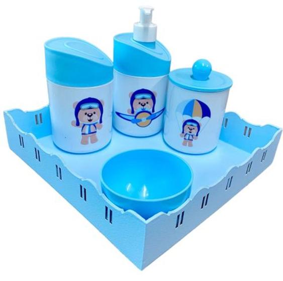 Imagem de Kit Higiene Bebê Ursinho Aviador c/Bandeja Quadrada Azul