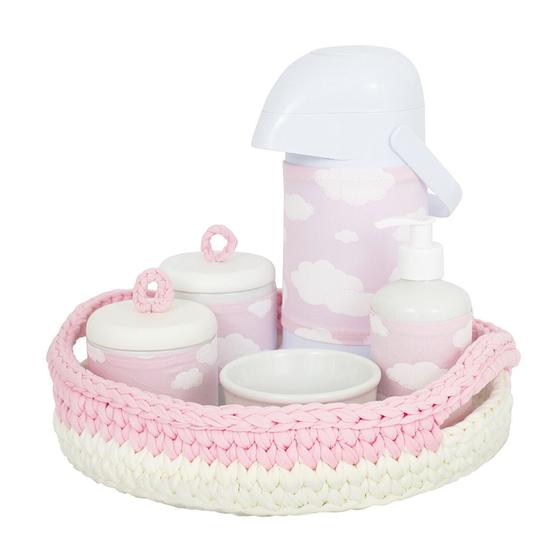 Imagem de Kit Higiene Crochê Com 6 Peças e Garrafa Grande Nuvem Rosa Quarto Bebê Infantil