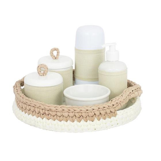 Imagem de Kit Higiene Crochê Com 6 Peças e Garrafa Pequena Bege Quarto Bebê Infantil