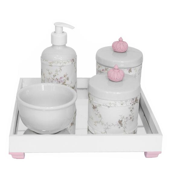 Imagem de Kit Higiene Espelhado Potes Porcelana Bebê Coroa Rosa Menina