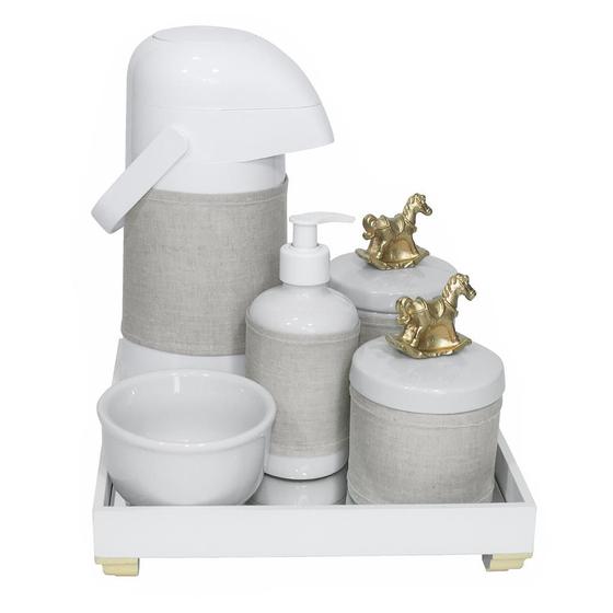 Imagem de Kit Higiene Espelho Completo Porcelanas, Garrafa e Capa Cavalinho Dourado Quarto Bebê Unissex