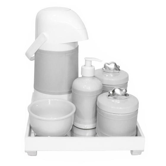 Imagem de Kit Higiene Espelho Completo Porcelanas, Garrafa e Capa Nuvem Prata Quarto Bebê Unissex