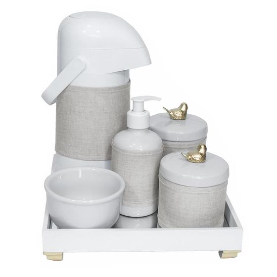 Imagem de Kit Higiene Espelho Completo Porcelanas, Garrafa e Capa Passarinho Dourado Quarto Bebê Unissex