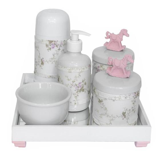 Imagem de Kit Higiene Espelho Completo Porcelanas, Garrafa Pequena e Capa Cavalinho Rosa Quarto Bebê Menina