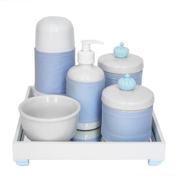 Imagem de Kit Higiene Espelho Completo Porcelanas, Garrafa Pequena e Capa Coroa Azul Quarto Bebê Menino