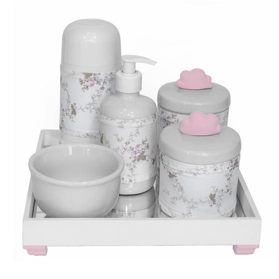 Imagem de Kit Higiene Espelho Completo Porcelanas, Garrafa Pequena e Capa Nuvem Rosa Quarto Bebê Menina