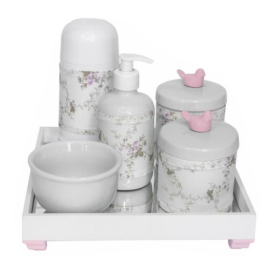 Imagem de Kit Higiene Espelho Completo Porcelanas, Garrafa Pequena e Capa Passarinho Rosa Quarto Bebê Menina