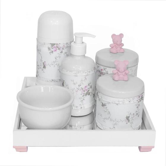 Imagem de Kit Higiene Espelho Completo Porcelanas, Garrafa Pequena e Capa Ursinho Rosa Quarto Bebê Menina