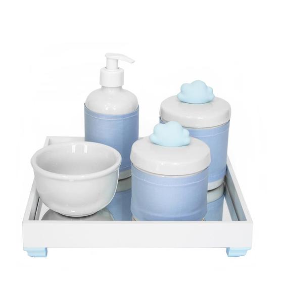 Imagem de Kit Higiene Espelho Potes, Molhadeira, Porta Álcool-Gel e Capa Nuvem Azul Quarto Bebê Menino