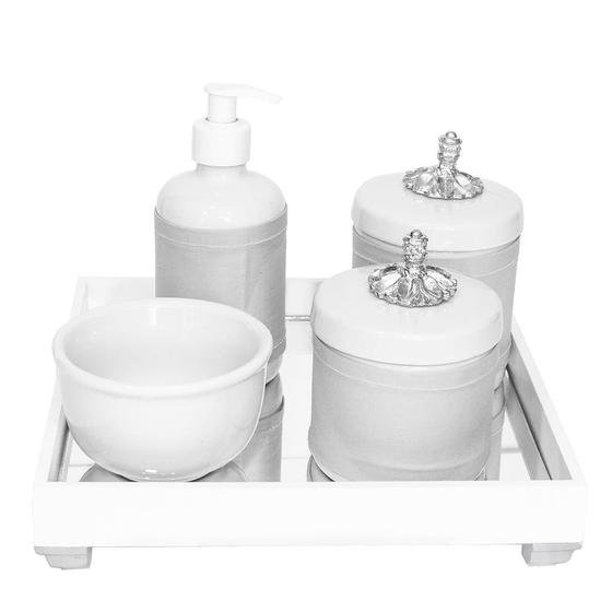 Imagem de Kit Higiene Espelho Potes, Molhadeira, Porta Álcool-Gel e Capa Provençal Prata Quarto Bebê Unissex