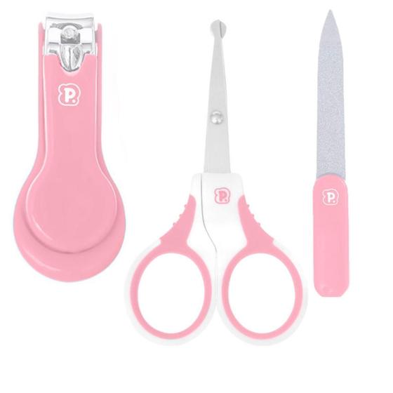 Imagem de Kit Higiene Infantil  3 Pçs Lixa Cortador De Unha Tesourinha Manicure Portatil Para Bebe Menina Rosa