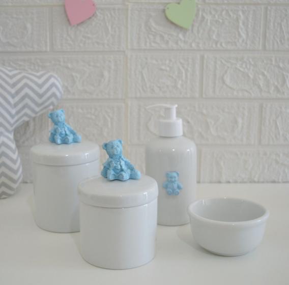 Imagem de Kit Higiene Porcelana Bebê Bandeja Menino Quarto K016 Urso