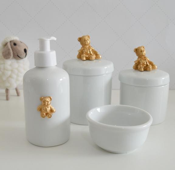 Imagem de Kit Higiene Porcelana Bebê Bandeja Menino Quarto K016 Urso