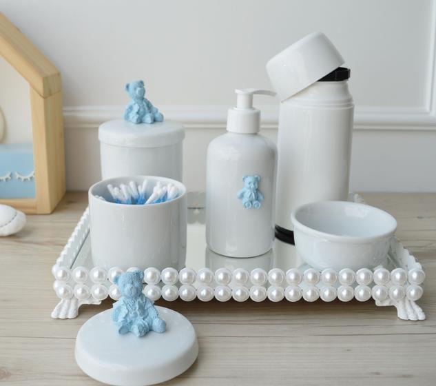 Imagem de Kit Higiene Porcelana Bebê K048 Azul Térmica Bandeja Pérola Branco Banho Quarto Bancada