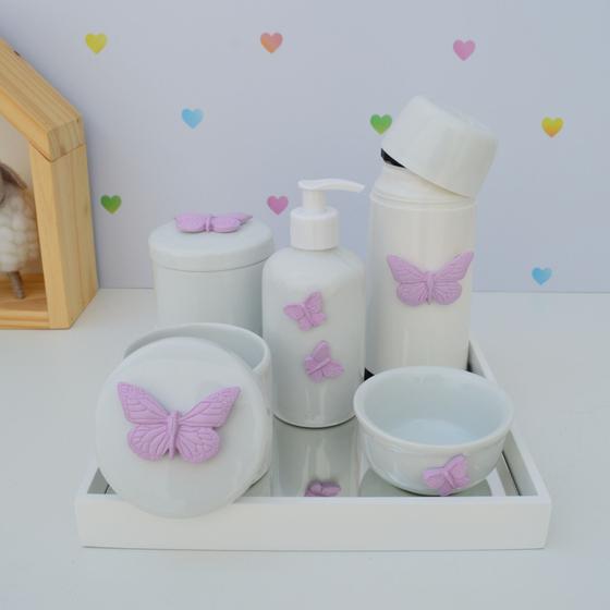 Imagem de Kit Higiene Porcelana Bebê Térmica Bandeja Quarto K010 Borboleta