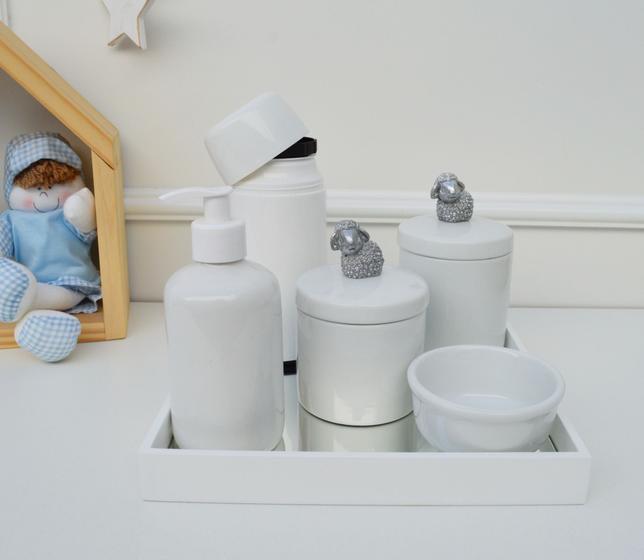 Imagem de Kit Higiene Porcelana Bebê Térmica Bandeja Quarto K010 Prata