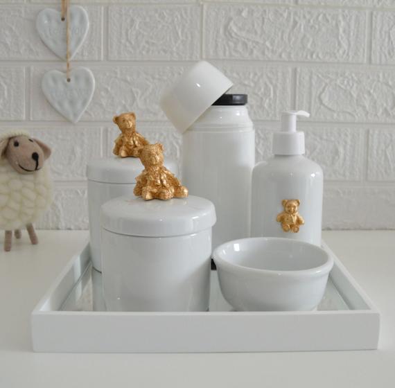 Imagem de Kit Higiene Porcelana Bebê Térmica Potes Bandeja Banho K010 Urso