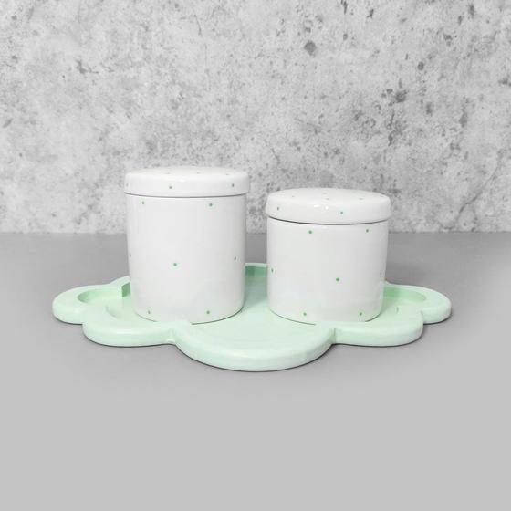 Imagem de Kit higiene porcelana com bandeja nuvem verde poá