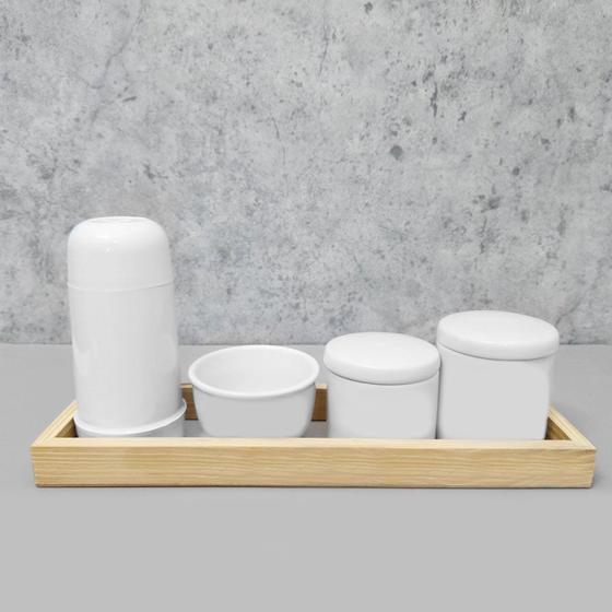 Imagem de Kit Higiene Porcelana com Bandeja Retangular Grande Branco