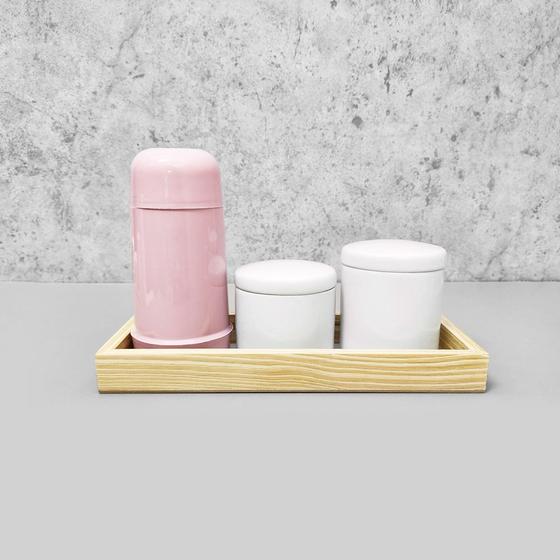 Imagem de Kit Higiene Porcelana com Bandeja Retangular Média Rosa