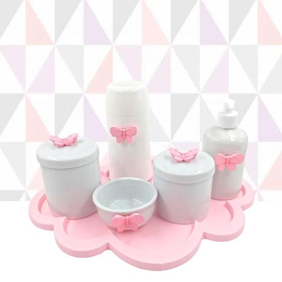Imagem de Kit Higiene Porcelana Nuvem Rosa Tema Borboleta Garrafa 6pçs
