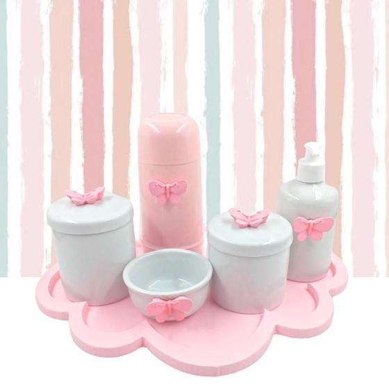 Imagem de Kit Higiene Porcelana Nuvem Rosa Tema Borboleta Garrafa Rosa 6pçs